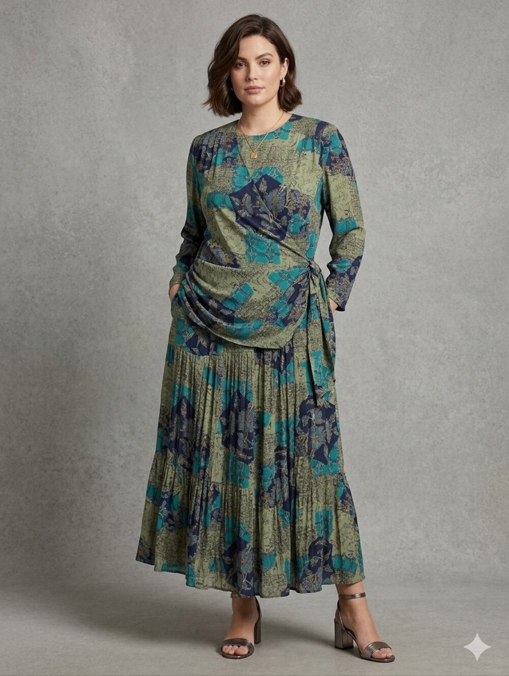 Women's Teal & Navy Floral Long Sleeve Blouse  & Skirt